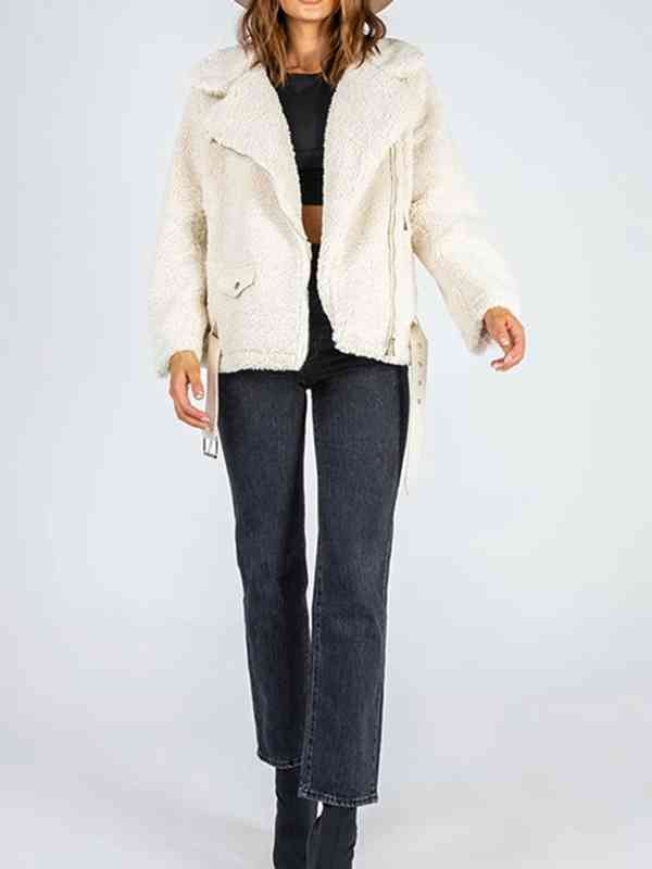 Zip-Up Belted Sherpa Jacket