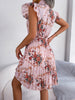 Pleated Floral Printed Tie Neck Knee Length Dress