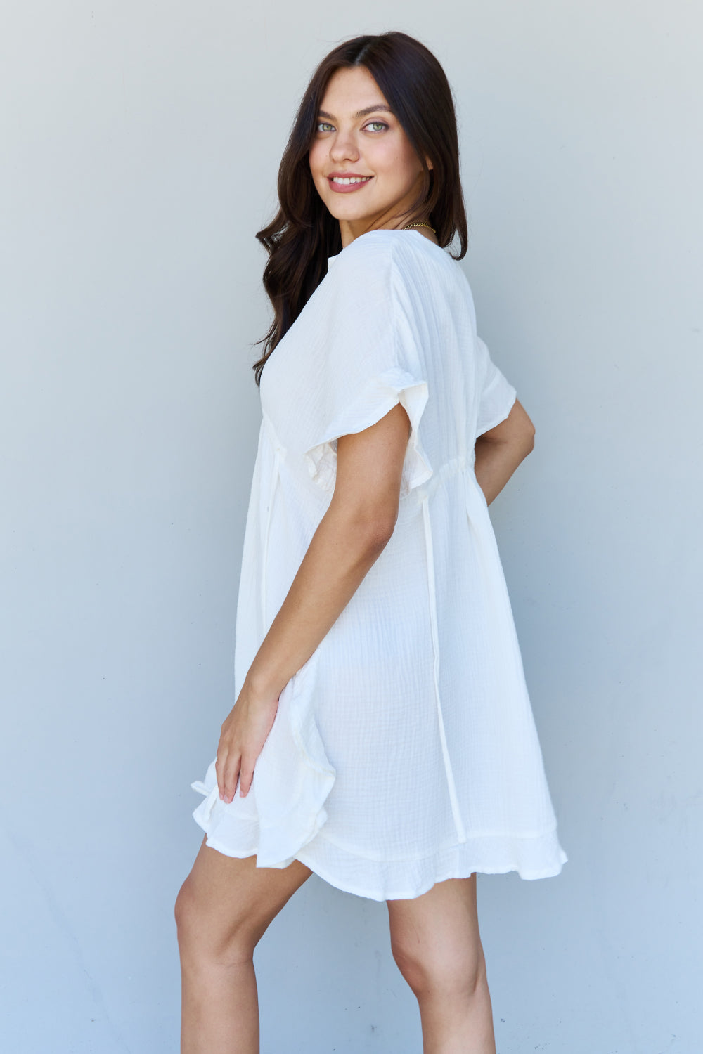 Rabbit Rich Out Of Time Full Size Ruffle Hem Dress with Drawstring Waistband in White - A Timeless Classic with a Modern Twist