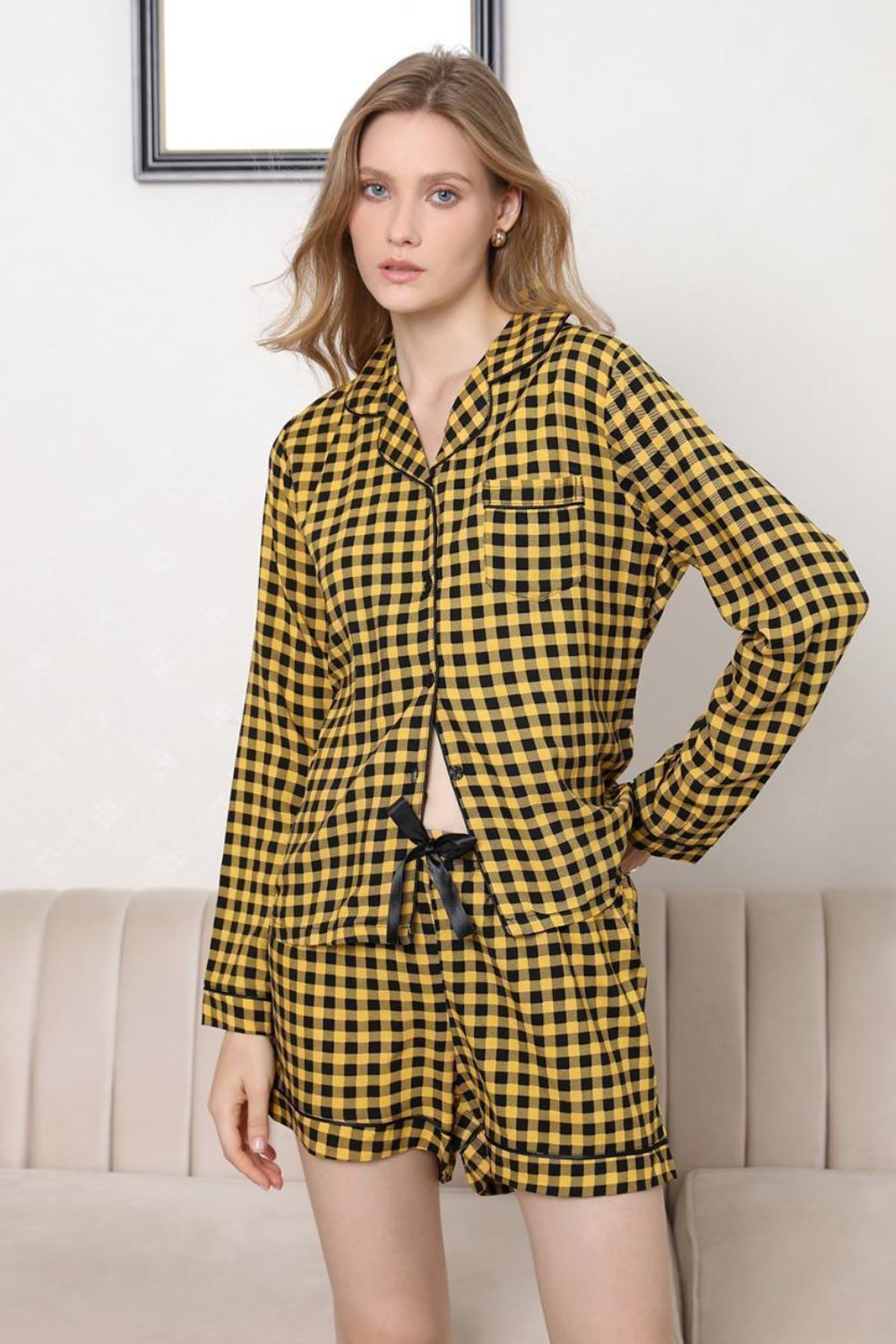 Plaid Long Sleeve Shirt and Shorts Lounge Set