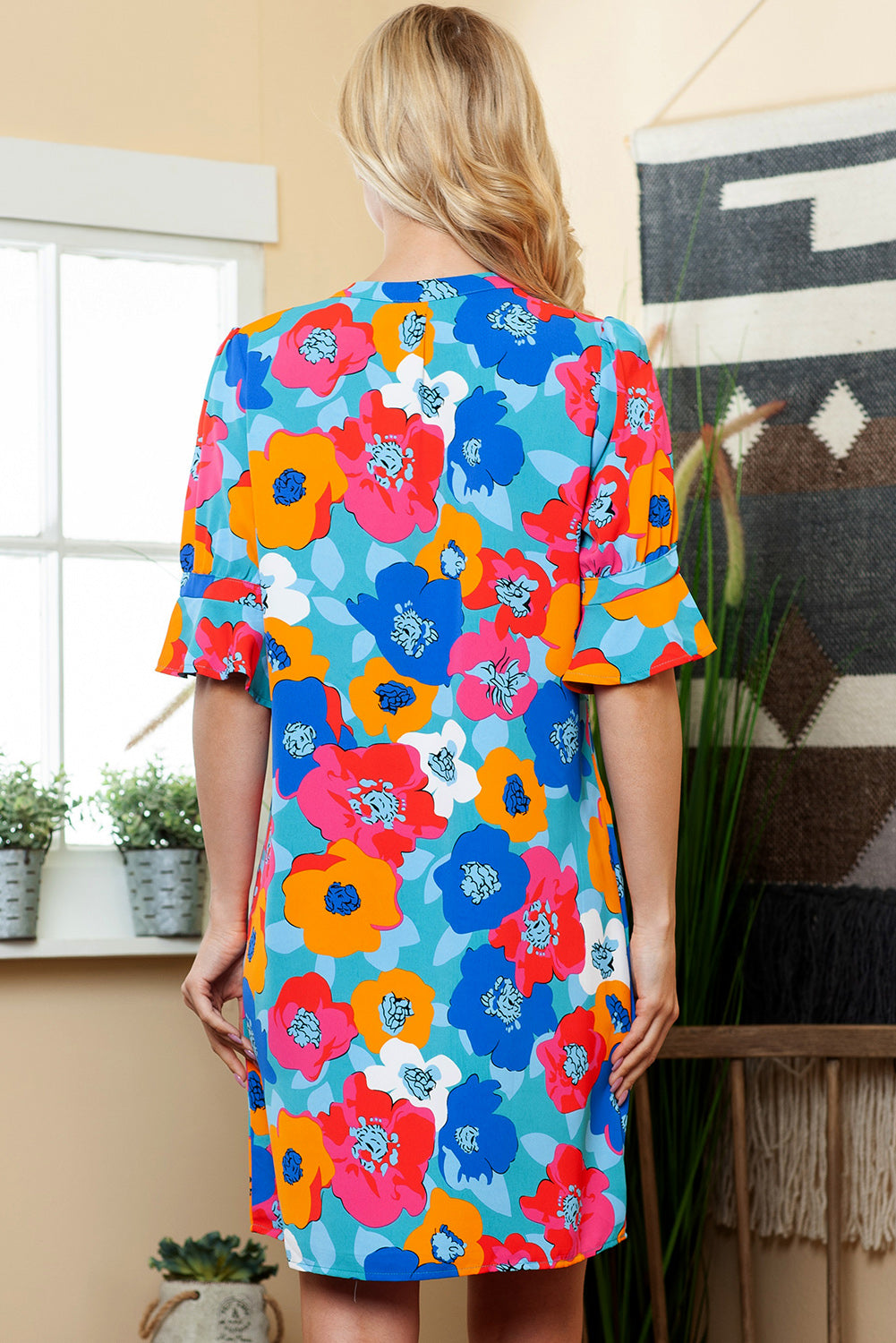 Floral Notched Neck Half Sleeve Dress