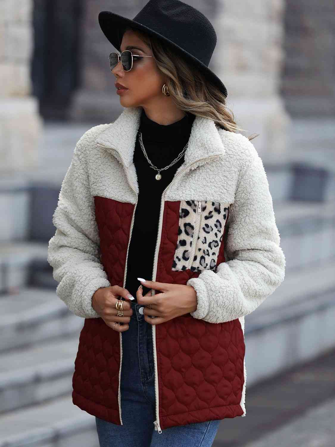 Leopard Color Block Zip-Up Jacket