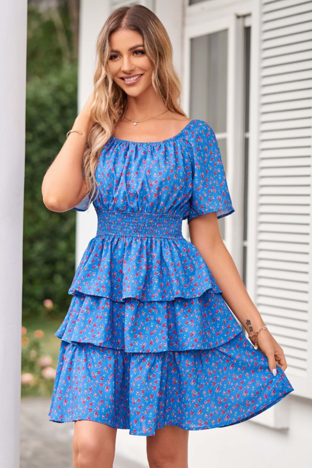 Floral Smocked Short Sleeve Layered Dress