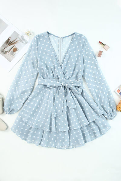 Tied Layered Polka Dot Balloon Sleeve Dress