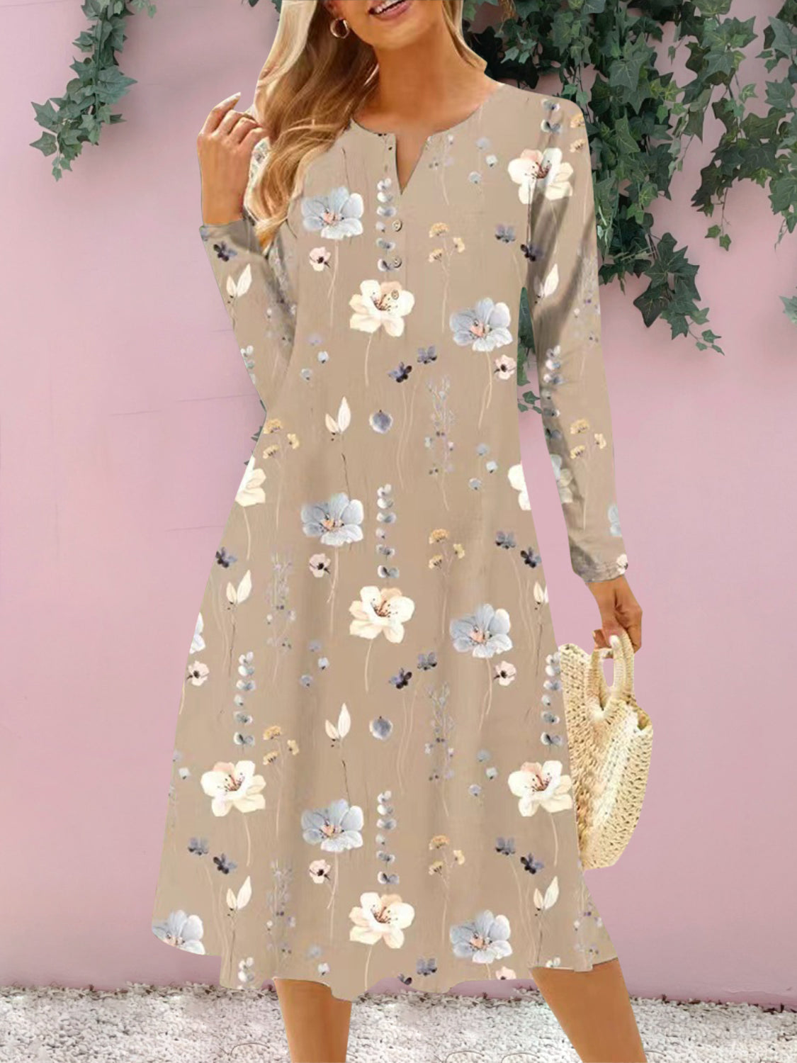 Floral Notched Long Sleeve Midi Dress