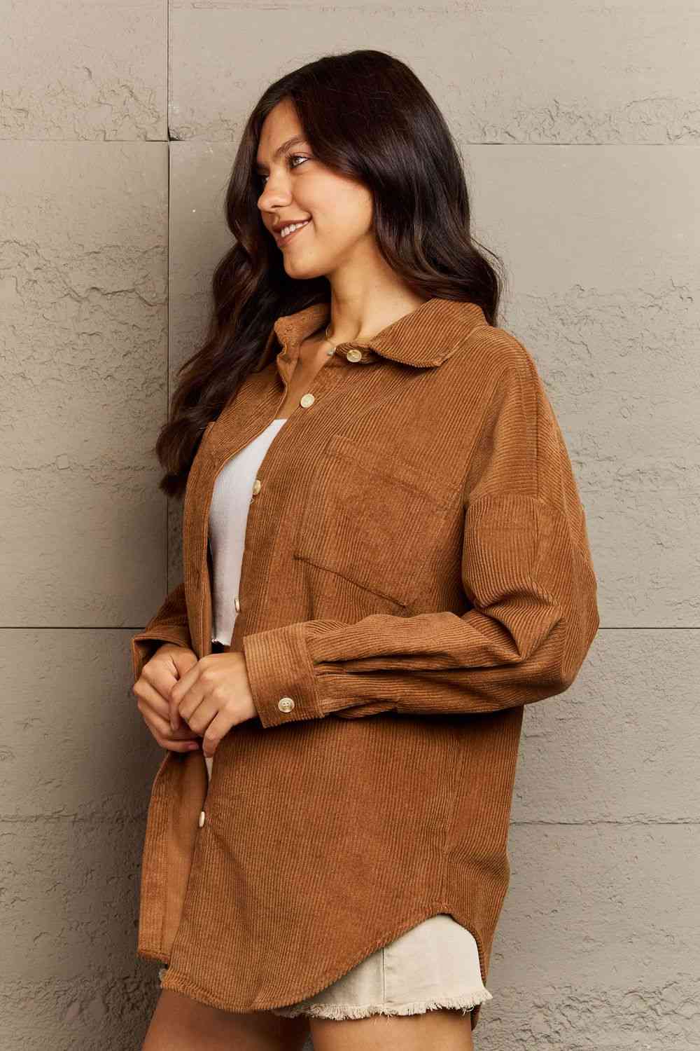 Ninexis Collared Neck Dropped Shoulder Button-Down Jacket