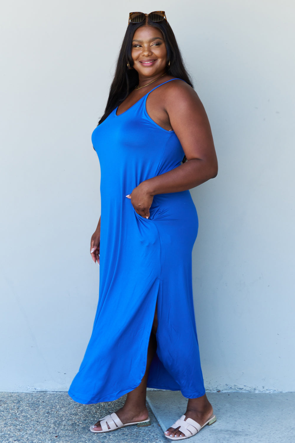 Good Energy Full Size Cami Side Slit Maxi Dress in Royal Blue