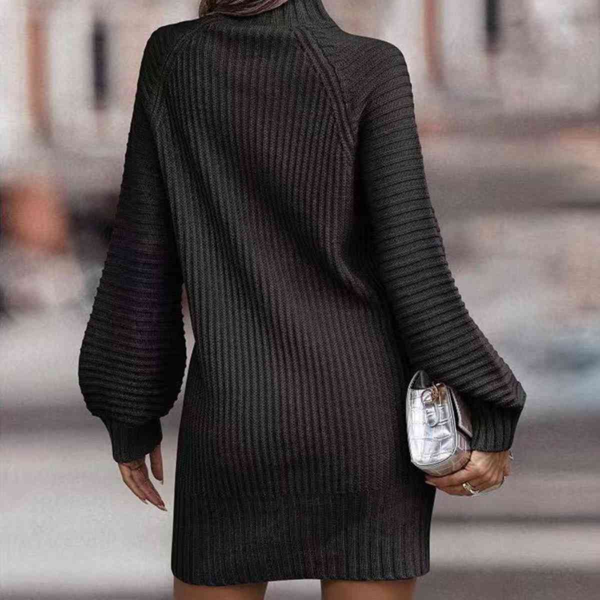 Mock Neck Lantern Sleeve Sweater Dress