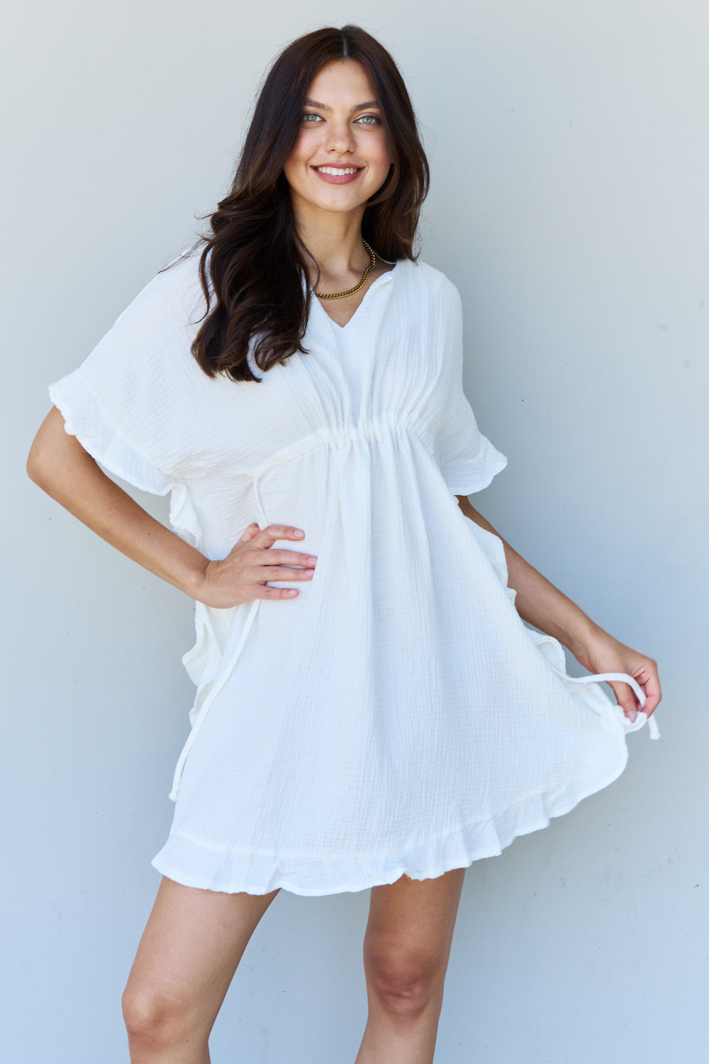 Rabbit Rich Out Of Time Full Size Ruffle Hem Dress with Drawstring Waistband in White - A Timeless Classic with a Modern Twist