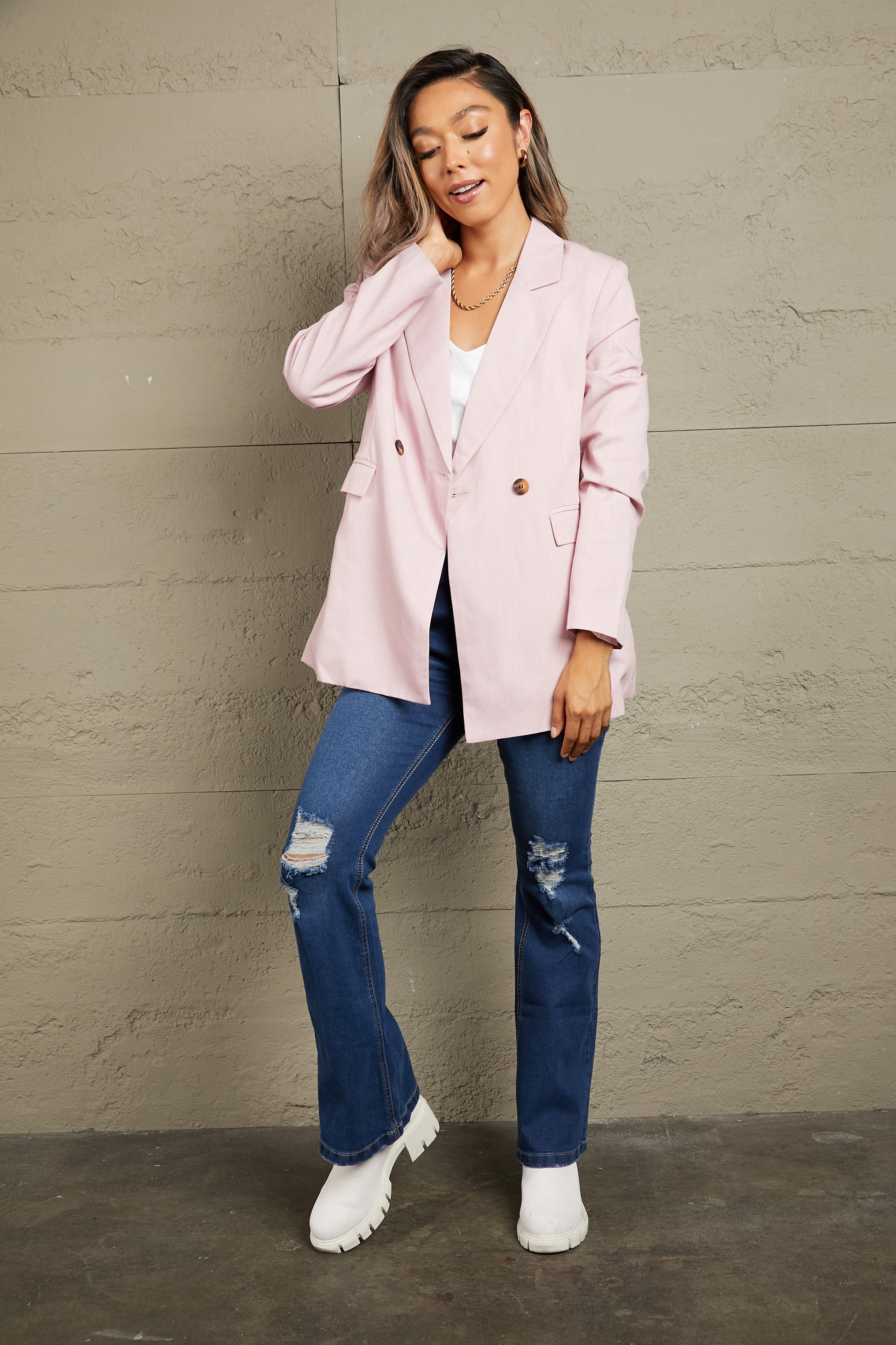 Double-Breasted Padded Shoulder Blazer with Pockets