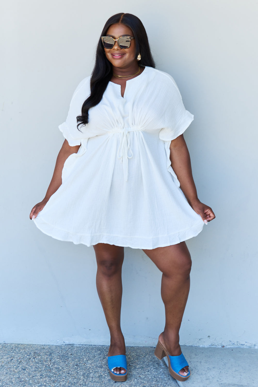 Rabbit Rich Out Of Time Full Size Ruffle Hem Dress with Drawstring Waistband in White - A Timeless Classic with a Modern Twist