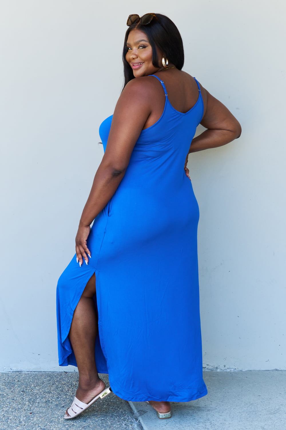 Good Energy Full Size Cami Side Slit Maxi Dress in Royal Blue