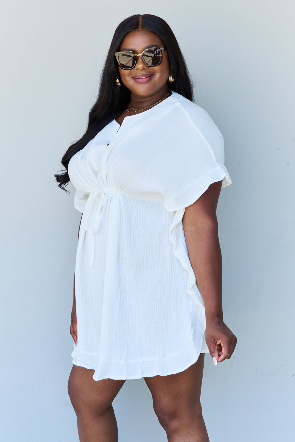 Rabbit Rich Out Of Time Full Size Ruffle Hem Dress with Drawstring Waistband in White - A Timeless Classic with a Modern Twist