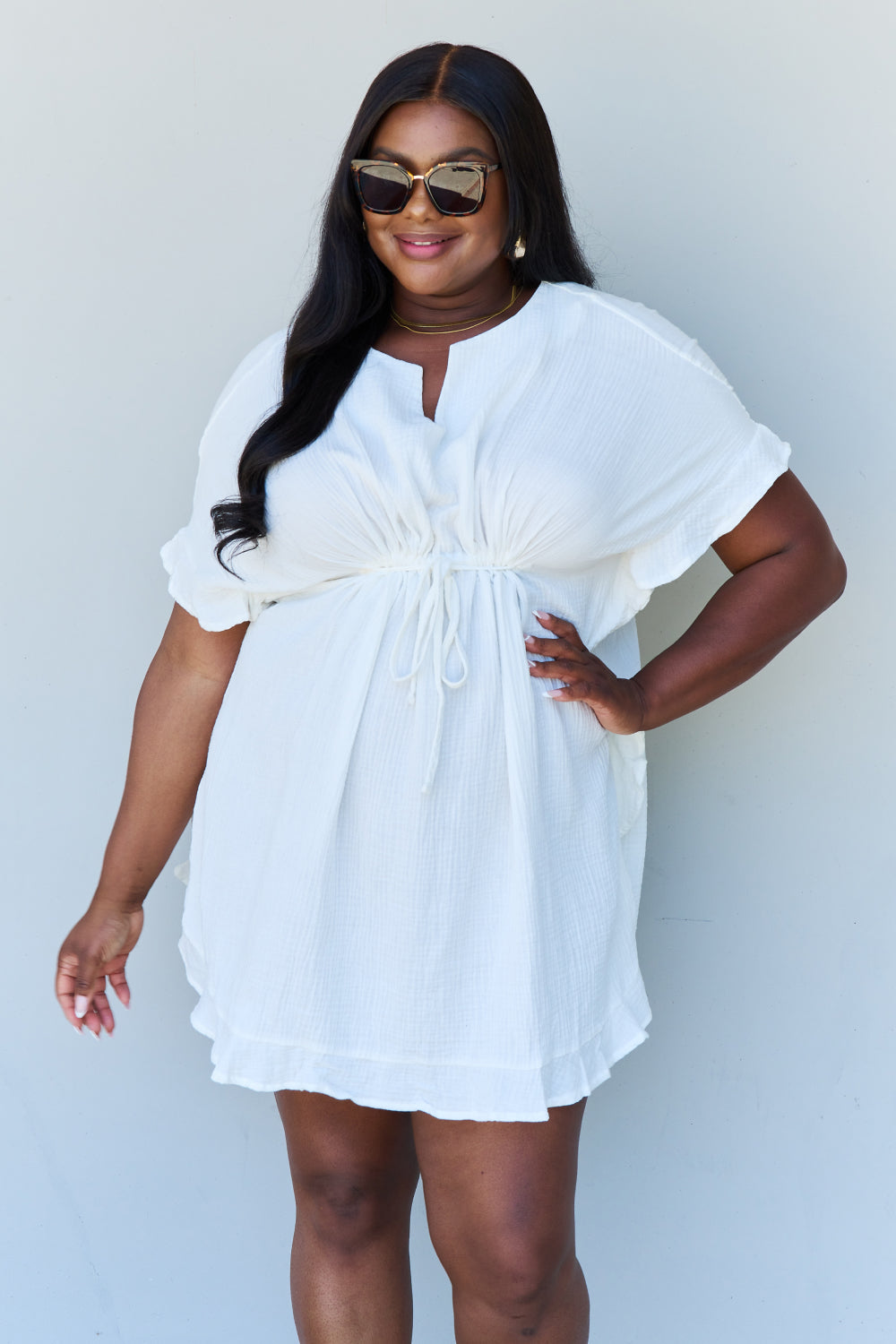 Rabbit Rich Out Of Time Full Size Ruffle Hem Dress with Drawstring Waistband in White - A Timeless Classic with a Modern Twist