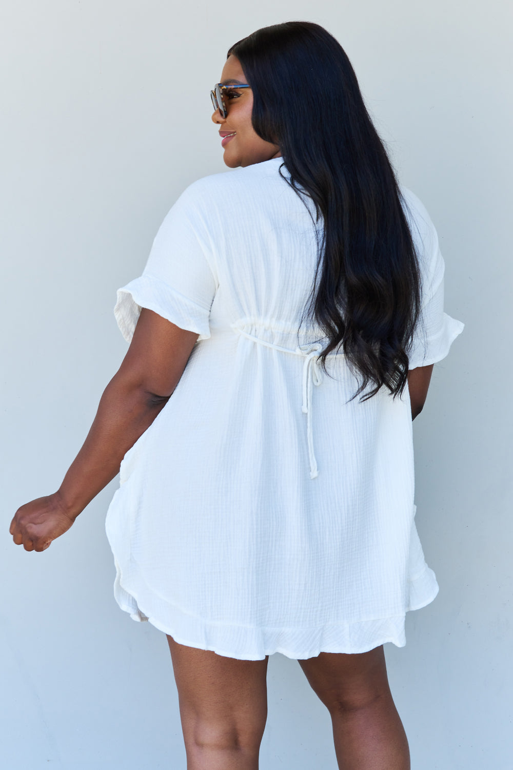 Rabbit Rich Out Of Time Full Size Ruffle Hem Dress with Drawstring Waistband in White - A Timeless Classic with a Modern Twist