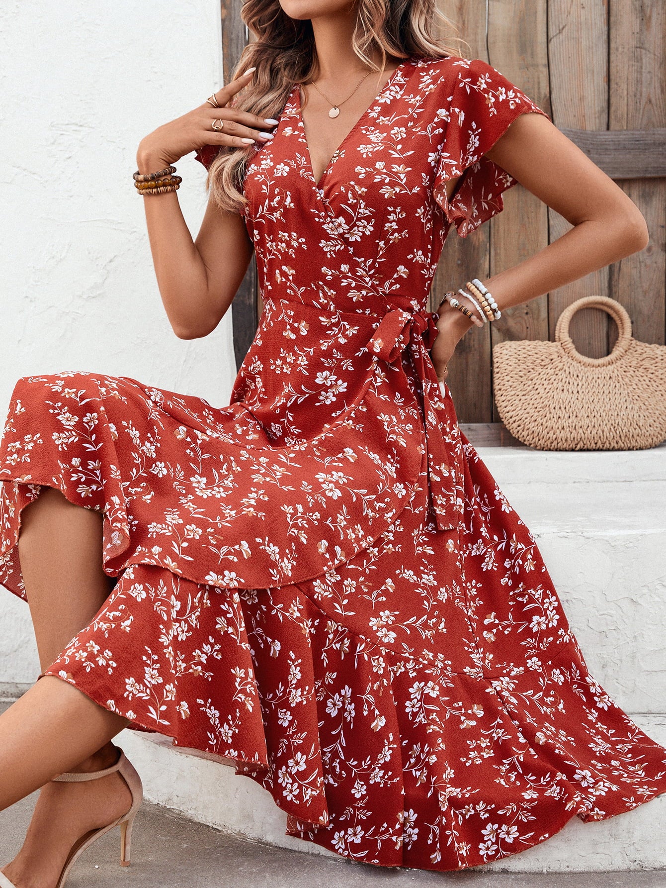 Floral Surplice Neck Flutter Sleeve Dress