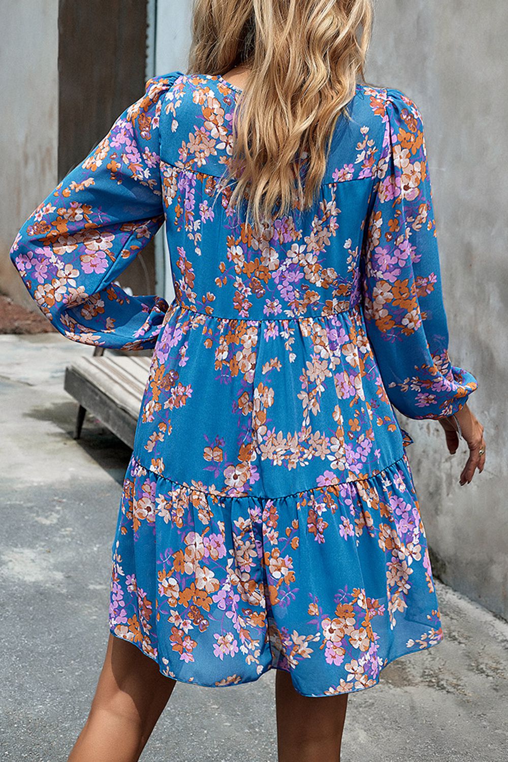 Smocked Floral Print Long Sleeve Mini Dress