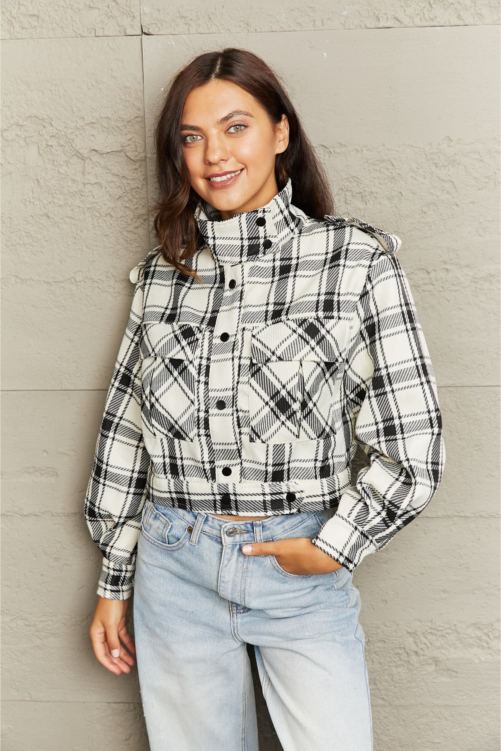 Plaid Collared Neck Long Sleeve Jacket