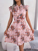 Pleated Floral Printed Tie Neck Knee Length Dress