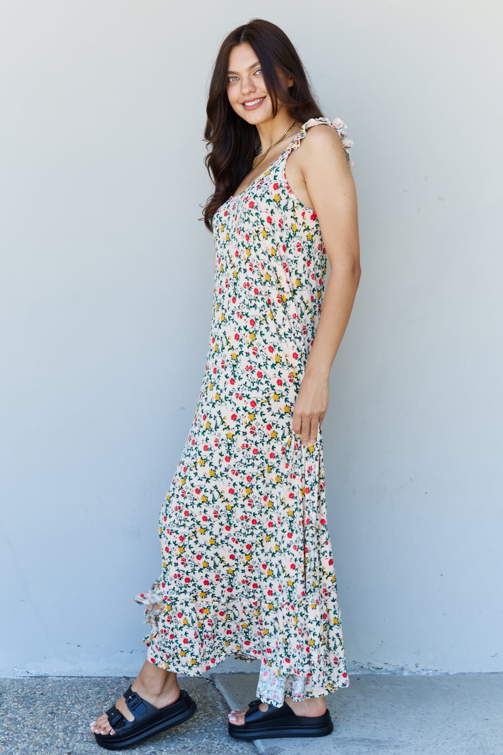 Rabbit Rich The Garden Ruffle Floral Maxi Dress in Natural Rose - A Timeless Classic with a Modern Twist