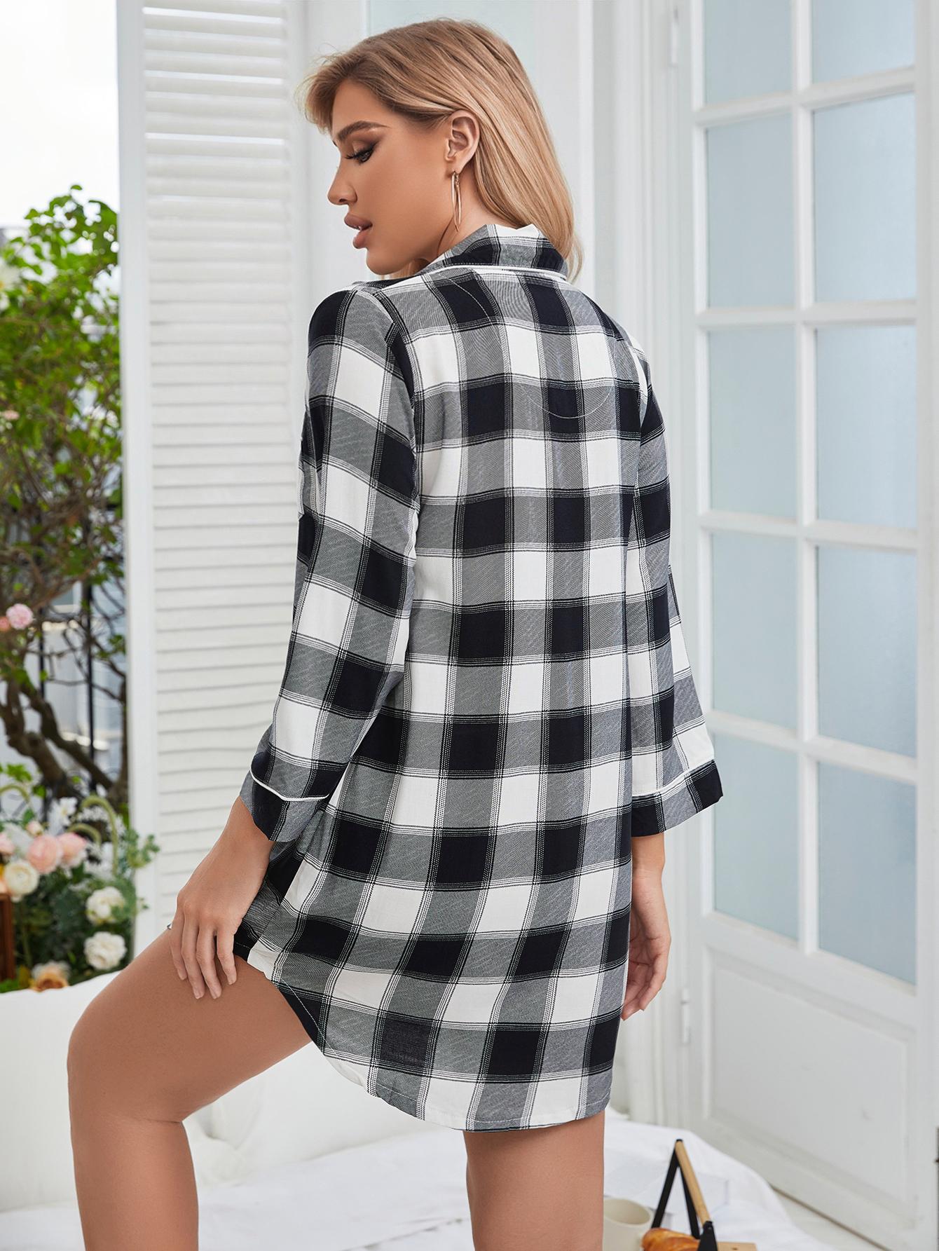 Plaid Lapel Collar Shirt Dress