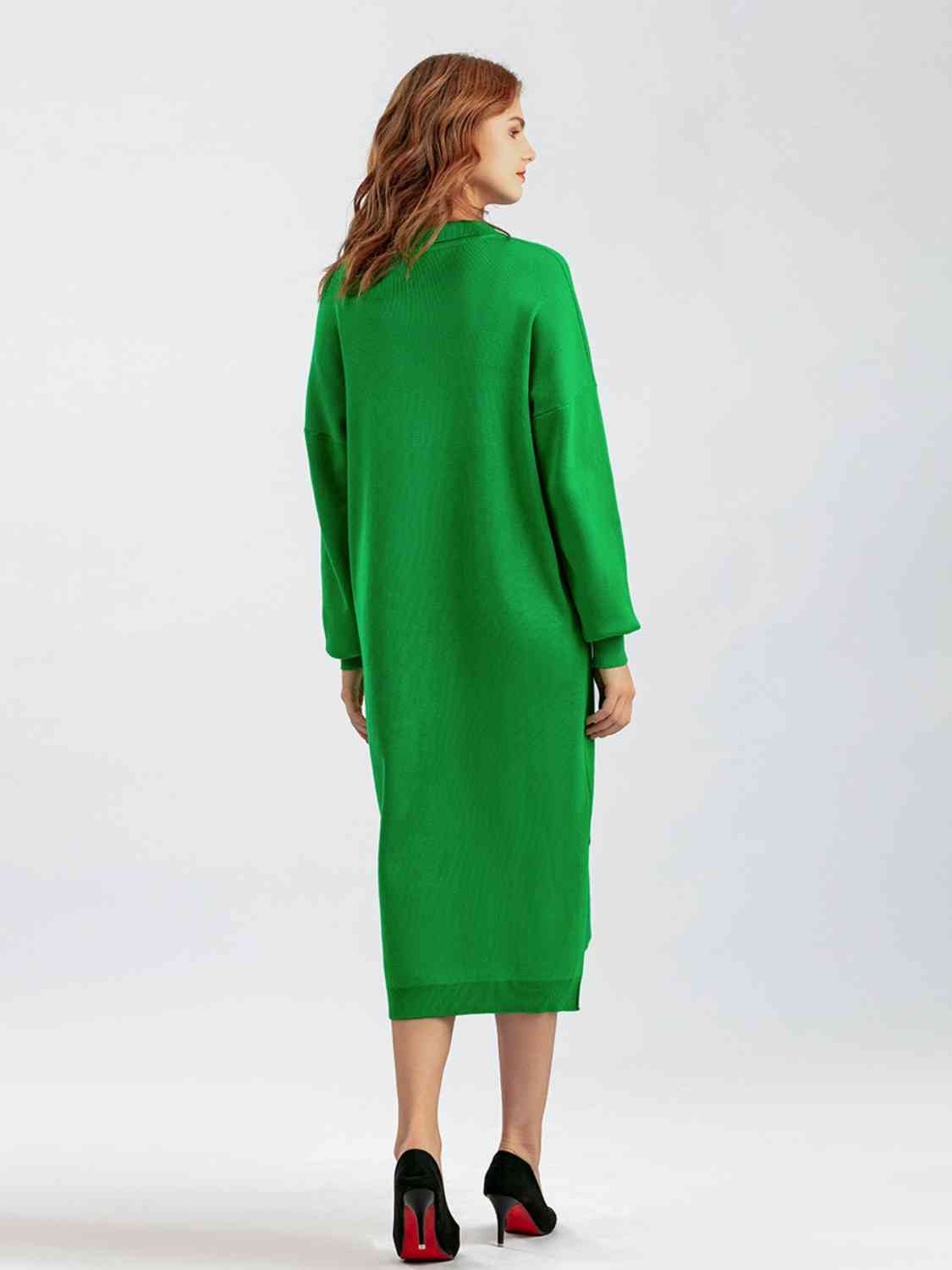 Johnny Collar Long Sleeve Slit Sweater Dress