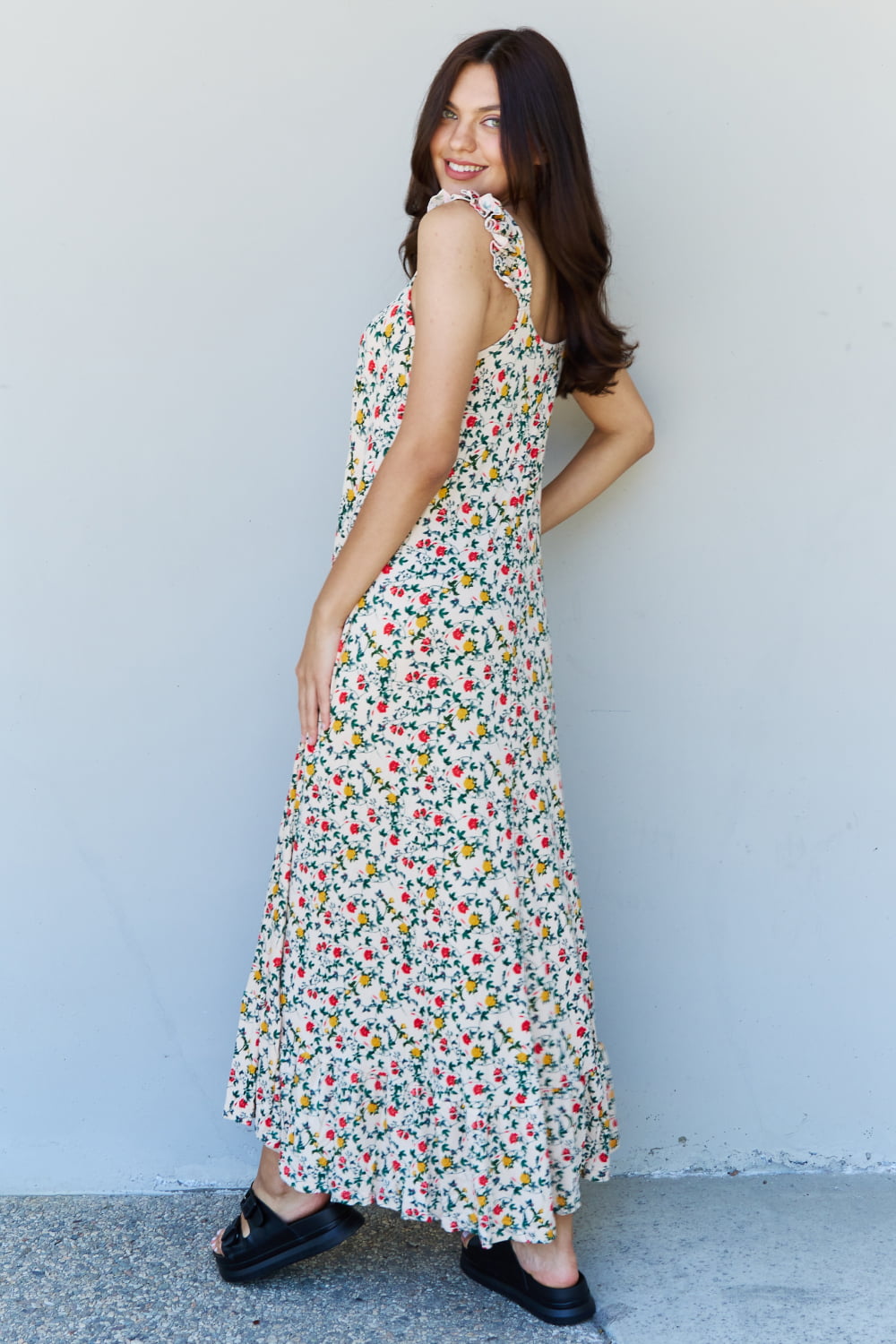 Rabbit Rich The Garden Ruffle Floral Maxi Dress in Natural Rose - A Timeless Classic with a Modern Twist