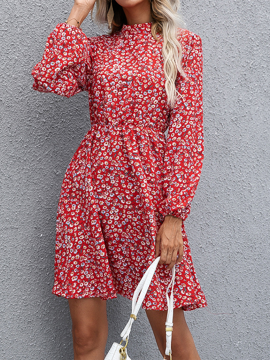 Floral Mock Neck Long Sleeve Dress