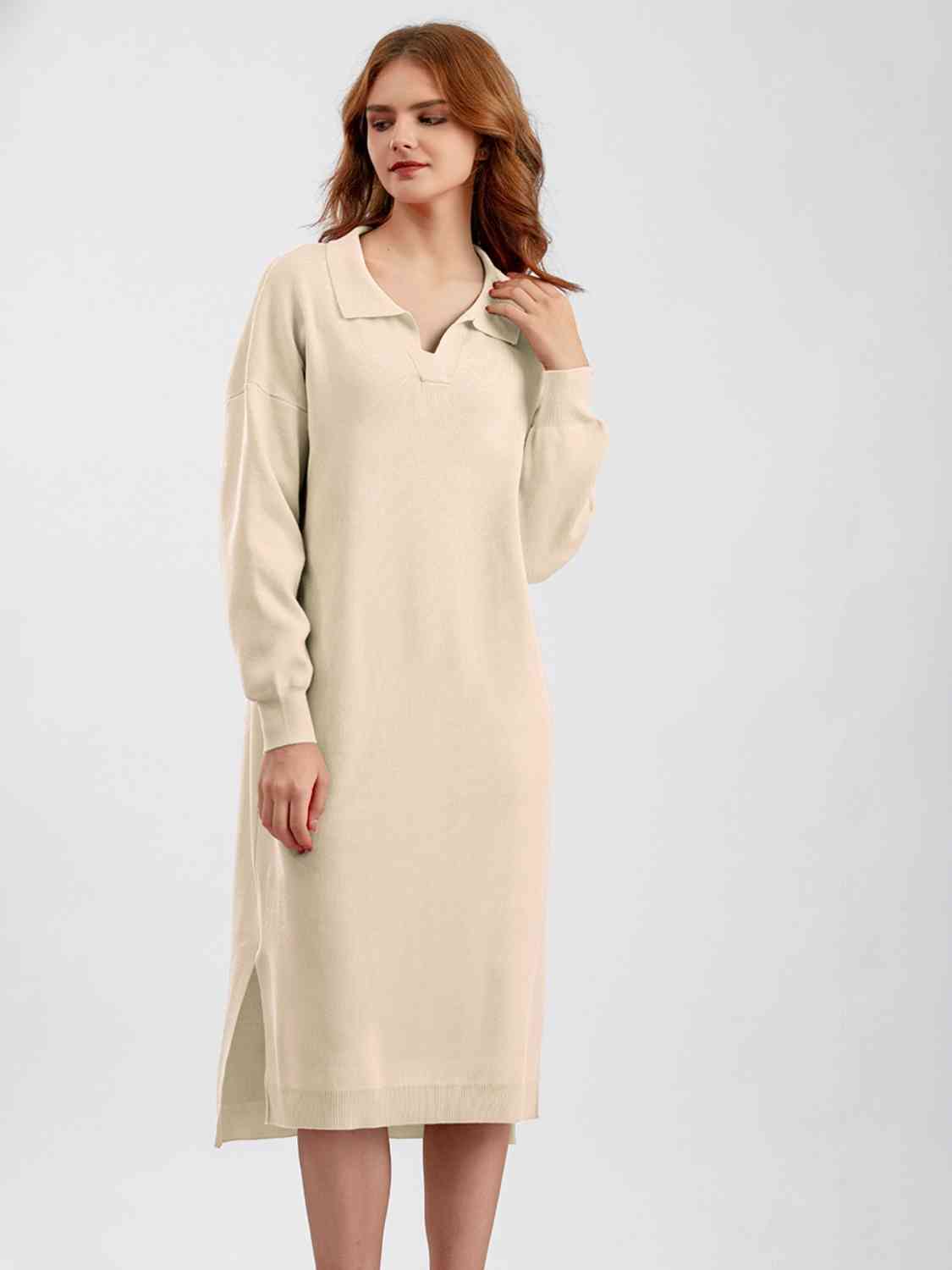 Johnny Collar Long Sleeve Slit Sweater Dress