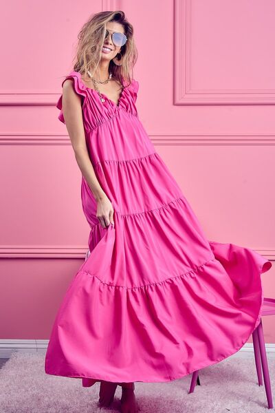 BiBi Tiered Ruffled Cap Sleeve Maxi Dress